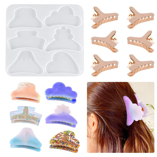 バンスクリップ 髪留め シリコンモールド 6個 ヘアクリップ アクセサリー レジン型 樹脂 DIY 手作り ハンドメイド 手芸品 プレゼント ヘアピン 装飾 おしゃれ パーツ付き シリコン 型 ギフト ソフトモールド レジン液 金型 樹脂粘土 UVレジン エポキシ