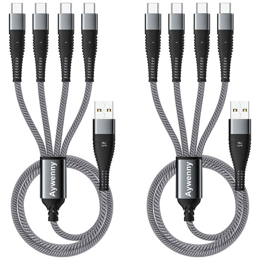 2本セット】 4 in 1高耐久編組ナイロン多機能充電ケーブル、USB急速充電ケーブル、4種類のインターフェースTypeC*4 を持ち、4台の設備の同時充電をサポートしPhone15/Switch/Google Pixel/Nexus5 X6P/Samsung S8+/note8/Xperia,Galaxy/LG (グレー)