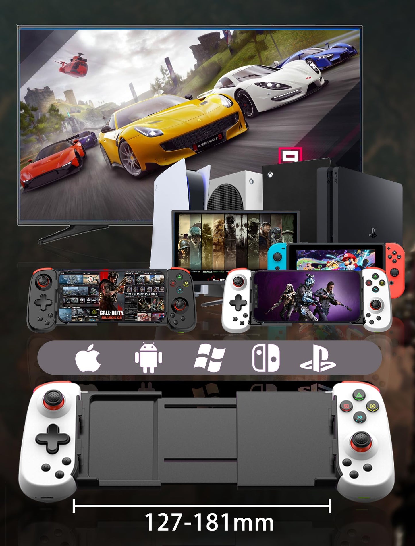 iPhoneコントローラー iPhone16/15/14/iOS 13.0以上/Android 6.0以上/iPad/PS3/4/Switch/PC用、クラウドゲーム/ストリーミング対応、ワイヤレス接続、振動モーター、3段階ターボ、連射/連射ホールド、codモバイル用コントローラー iPhone/Android、モダンコンバット5用、ブラック