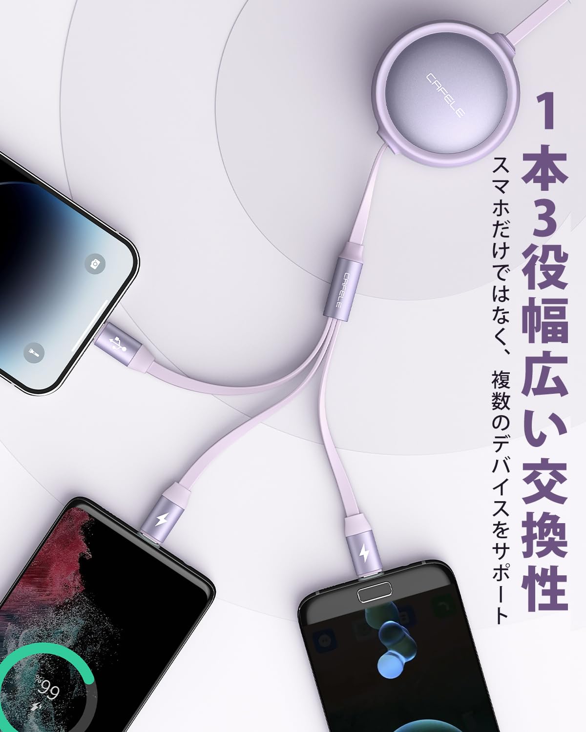 充電ケーブル 巻き取り 3in1 USBマルチケーブル 【一方向】CAFELE片手操作 3A/15W 3台同時給電可能 USB Type C Micro USB高速データ転送（I０S対応のみ）対応充電コード3種類端子（市販上のスマホ全対応）3つの異なる充電ポート