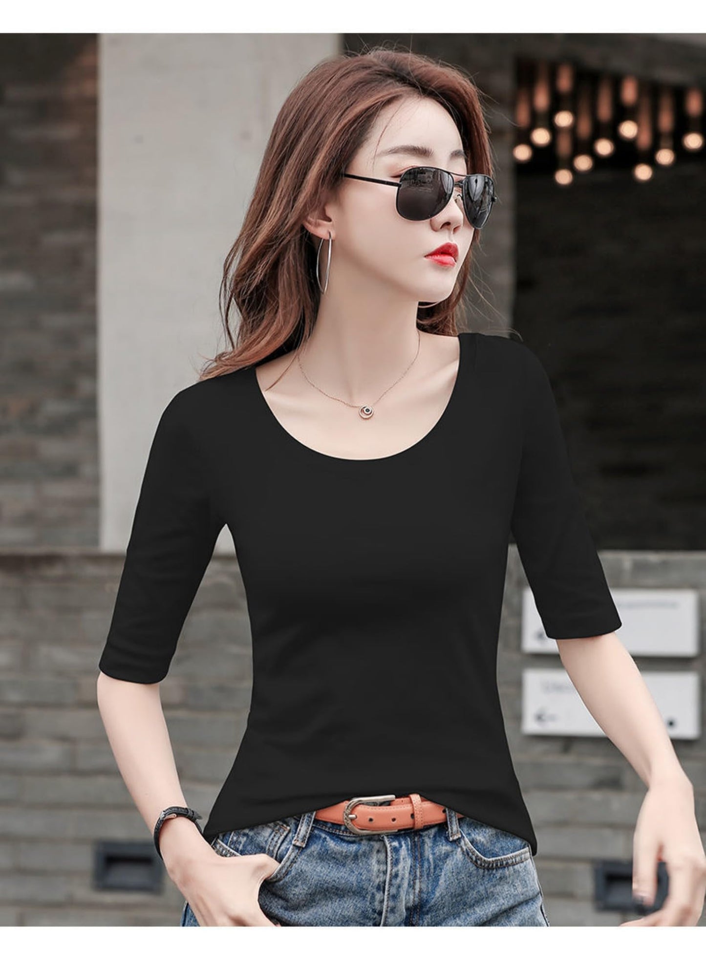 5分袖Tシャツ Tシャツ カットソー Uネック 春秋 夏 ストレッチ レディース トップス 綿 コットン 5分袖 タイト tシャツ 無地 スリム インナー シンプル カジュアル