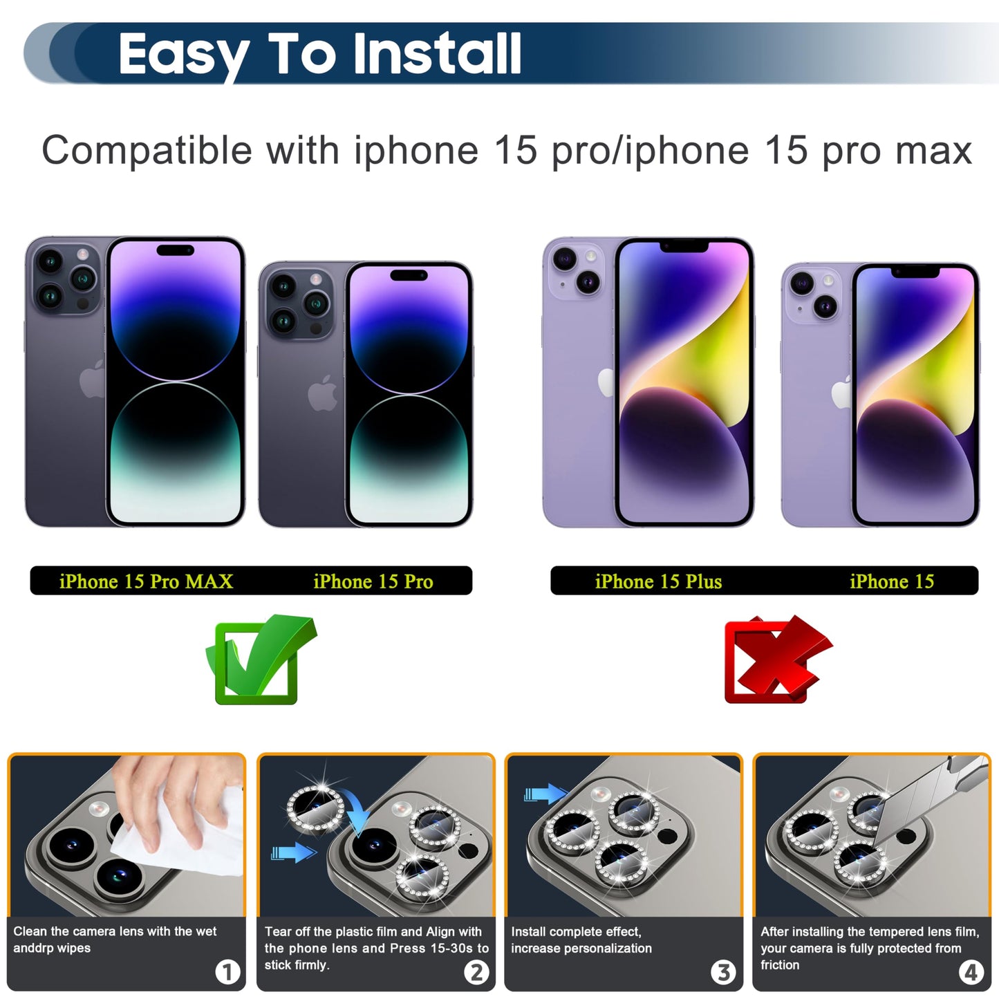 Phone 15 Pro /15 Pro Maxカメラレンズプロテクター、ダイヤモンドをはめ込んだカメラカバー、アイフォン15プロ/プロマックスの背面カメラレンズ保護フィルム-銀色