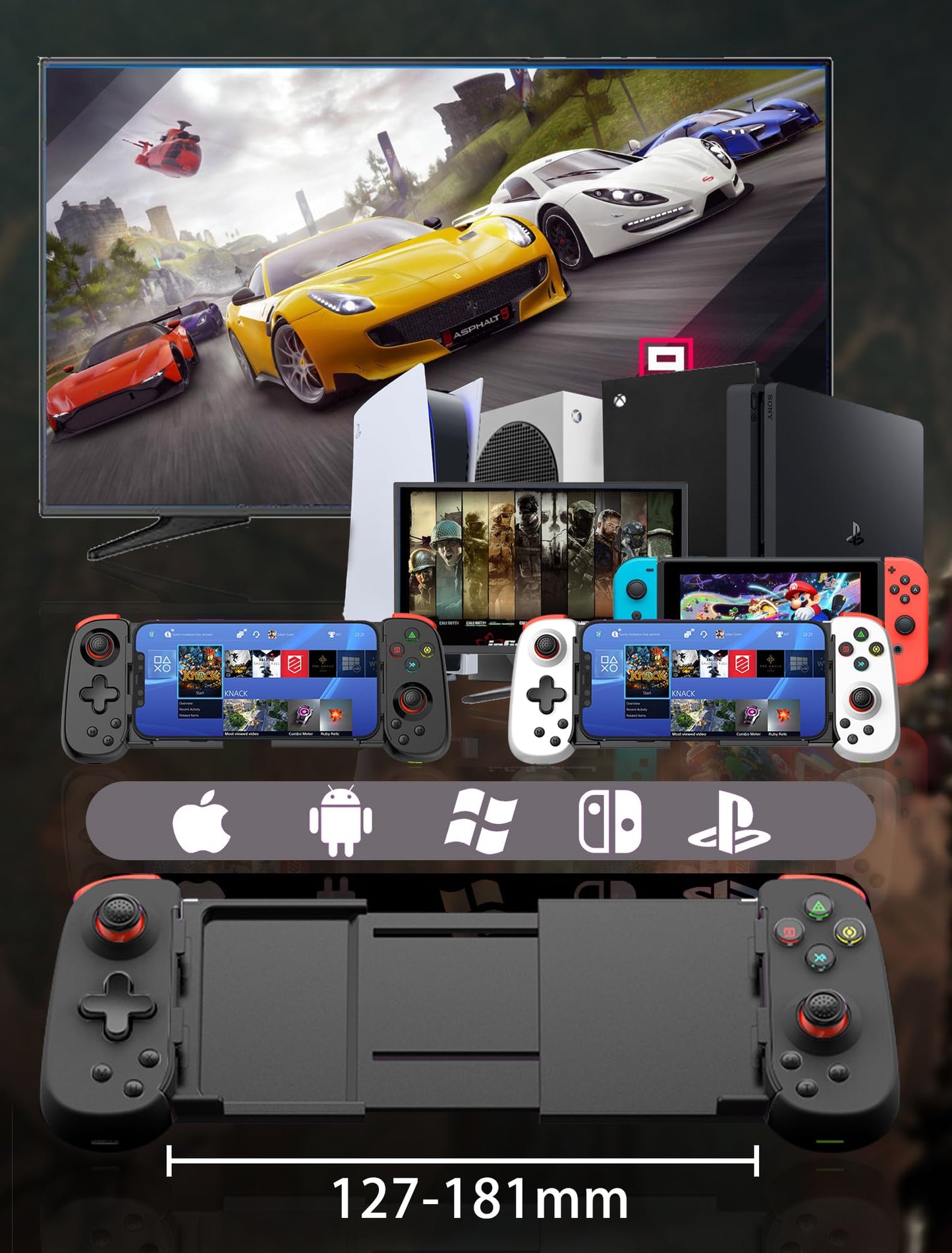 iPhoneコントローラー iPhone16/15/14/iOS 13.0以上/Android 6.0以上/iPad/PS3/4/Switch/PC用、クラウドゲーム/ストリーミング対応、ワイヤレス接続、振動モーター、3段階ターボ、連射/連射ホールド、codモバイル用コントローラー iPhone/Android、モダンコンバット5用、ブラック