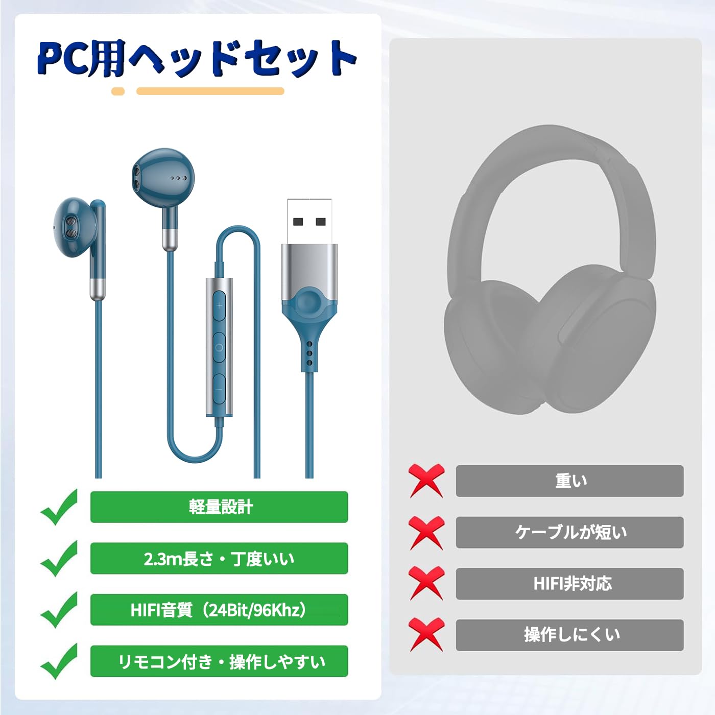 イヤホン マイク USB 有線 ヘッドセット 【2.3m】 マイク付きイヤホン 通話可能 音量調節 HIFI音質 テレワーク WEB会議 Zoom パソコン用 ゲーミング USB-A ポート搭載のデスクトップ、コンピュータ、PC、ラップトップなどに対応