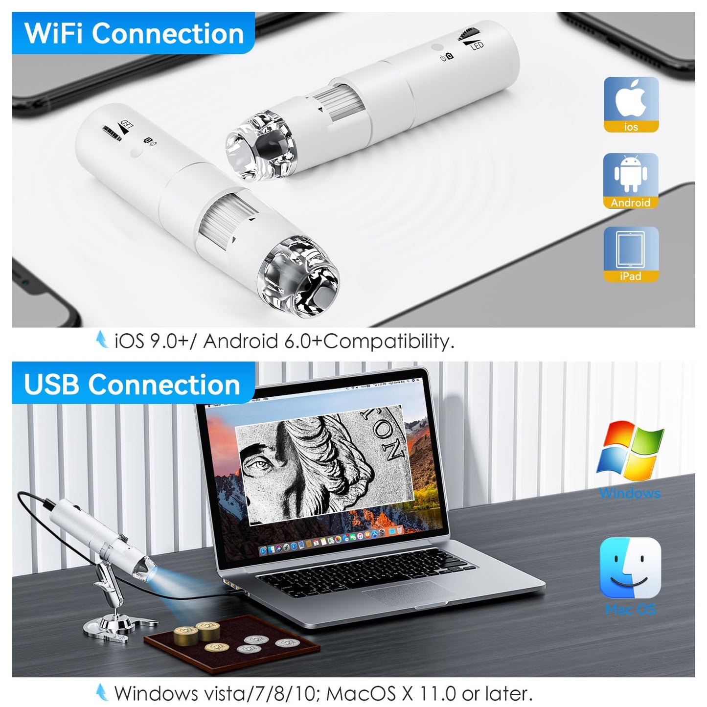 Wifi デジタル顕微鏡 2MP 50-1000倍電子顕微鏡 拡大鏡 ポータブルハンドヘルド顕微鏡カメラマイクロスコープ 、8 LED 、iPhone、Android、iPad、Windows、Macコンピューターと互換性あり、肌チェック/回路基板修理/生物観察/楽しいホリデーギフト