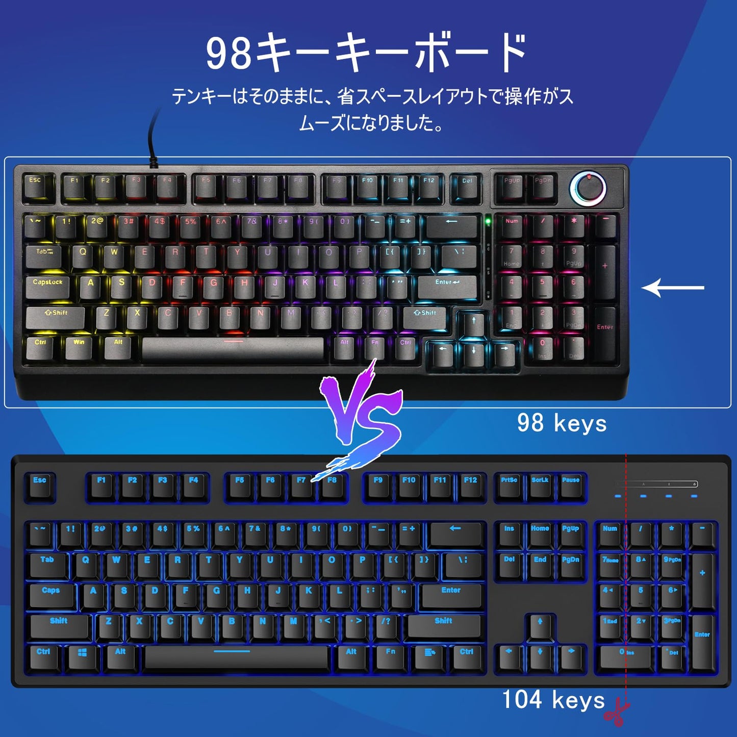 ゲーミングキーボード 赤軸 98 キー メカニカル LED バックライト付き ワード発光 USB ゲーミングきーボード有線 高速応答 数字キー付き 音量調整ノブ オフィス/ゲーミング コンピューター キーボード 贈り物