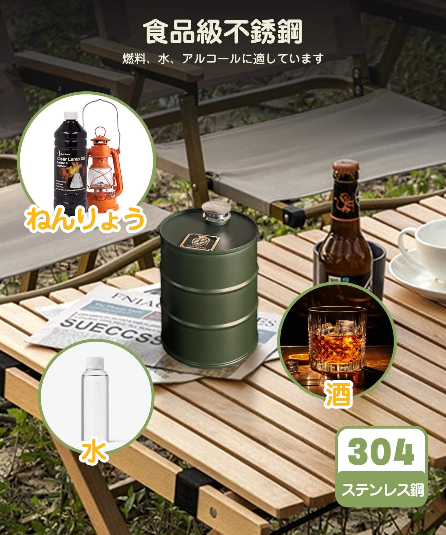 燃料ボトル キャンプ用品 パラフィンオイル 容器 オイルランタン燃料 ボトル,304ステンレス材質真鍮金属製の札、酒水を入れることができ、アウトドアキャンプ登山徒歩釣りに適している750ml/1Pcs (グリーン)