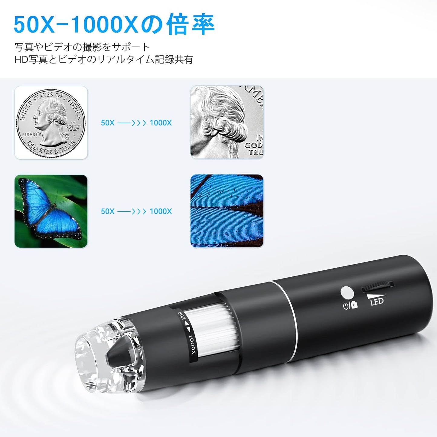 Wifi デジタル顕微鏡 2MP 50-1000倍電子顕微鏡 拡大鏡 ポータブルハンドヘルド顕微鏡カメラマイクロスコープ 、8 LED 、iPhone、Android、iPad、Windows、Macコンピューターと互換性あり、肌チェック/回路基板修理/生物観察/楽しいホリデーギフト