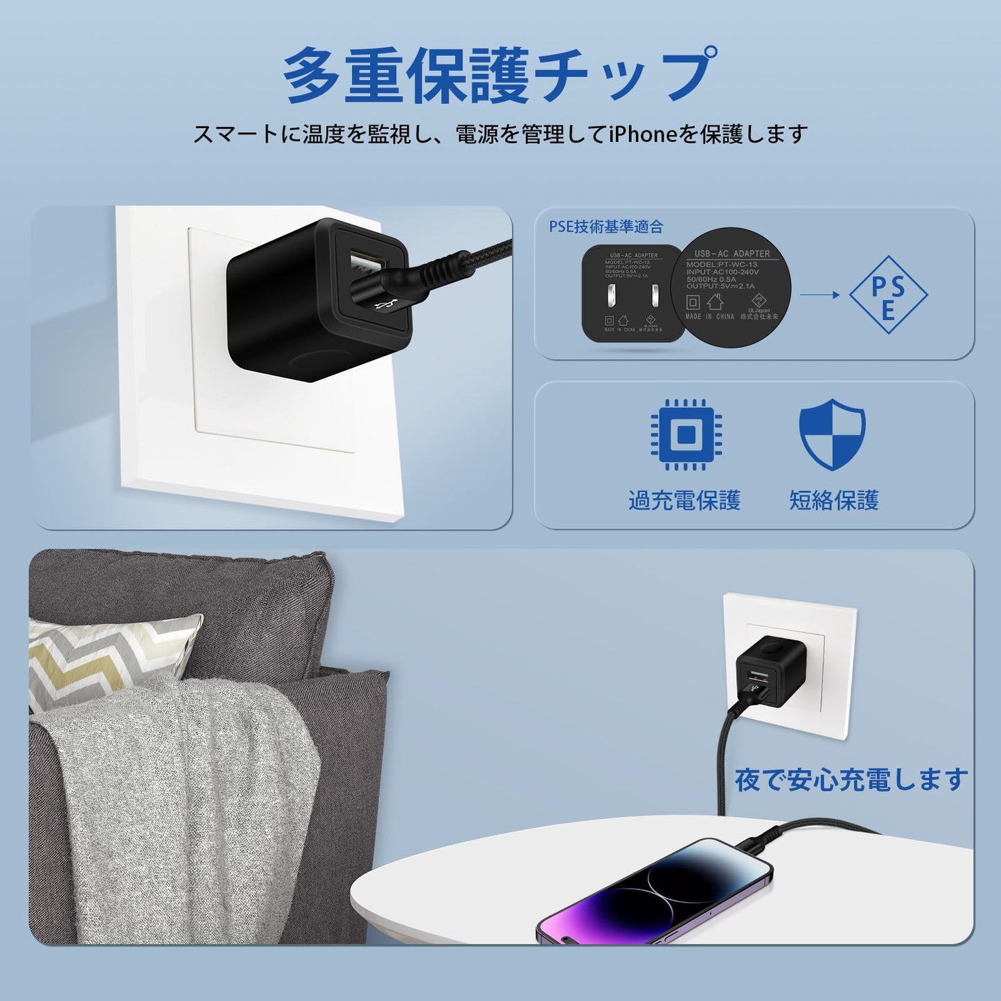 iPhone 充電器 USB 2ポート 10W ACアダプター 【PSE認証済】 ライトニングケーブル 2本付き ipad 充電器 USB コンセント スマホ充電器 急速充電 海外対応 iPhone 14 Pro コード iPhone 14/iPhone 13/12/11/X/8/7/6/5/SE2/SE3/iPad/AirPods/Android等のUSB機器対応 軽量 コンパクト