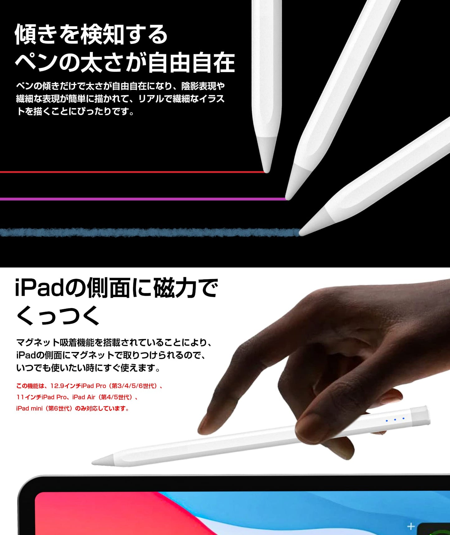 【iPad 2025モデル対応】USGMoBi タッチペン iPad専用 ペンシル 傾き検知 マグネット吸着 パームリジェクション機能 スタイラスペン Type-C充電式 超高精度 無遅延 iPad/iPad Air/iPad mini/iPad Pro 2018年以降iPadに対応 ペン先2枚付き ホワイト S13