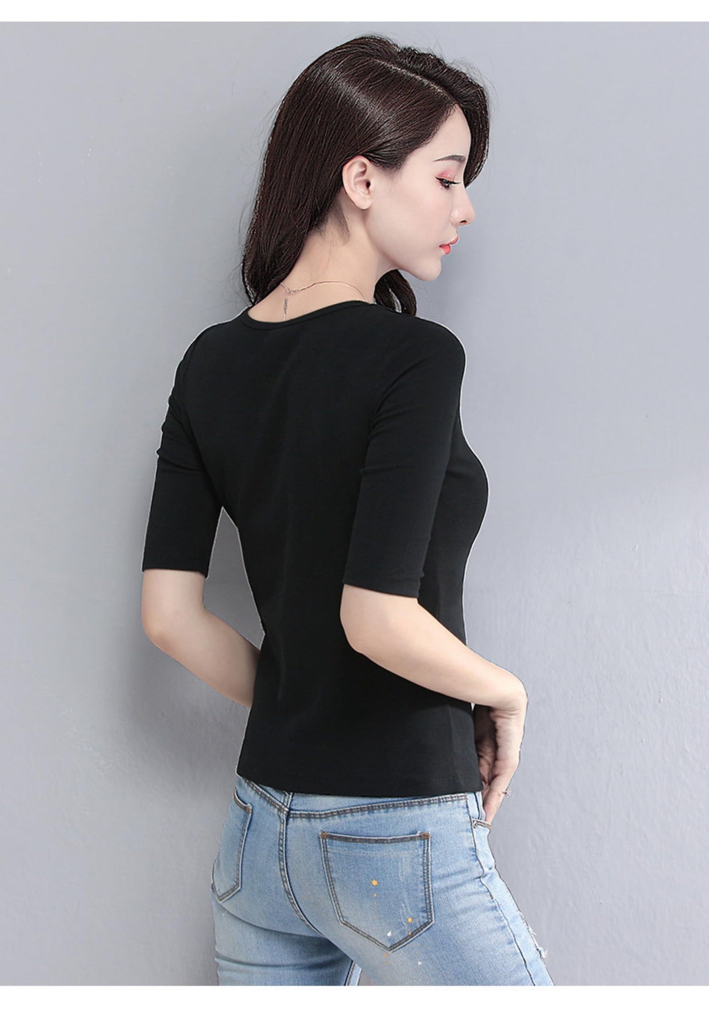 5分袖Tシャツ Tシャツ カットソー Uネック 春秋 夏 ストレッチ レディース トップス 綿 コットン 5分袖 タイト tシャツ 無地 スリム インナー シンプル カジュアル