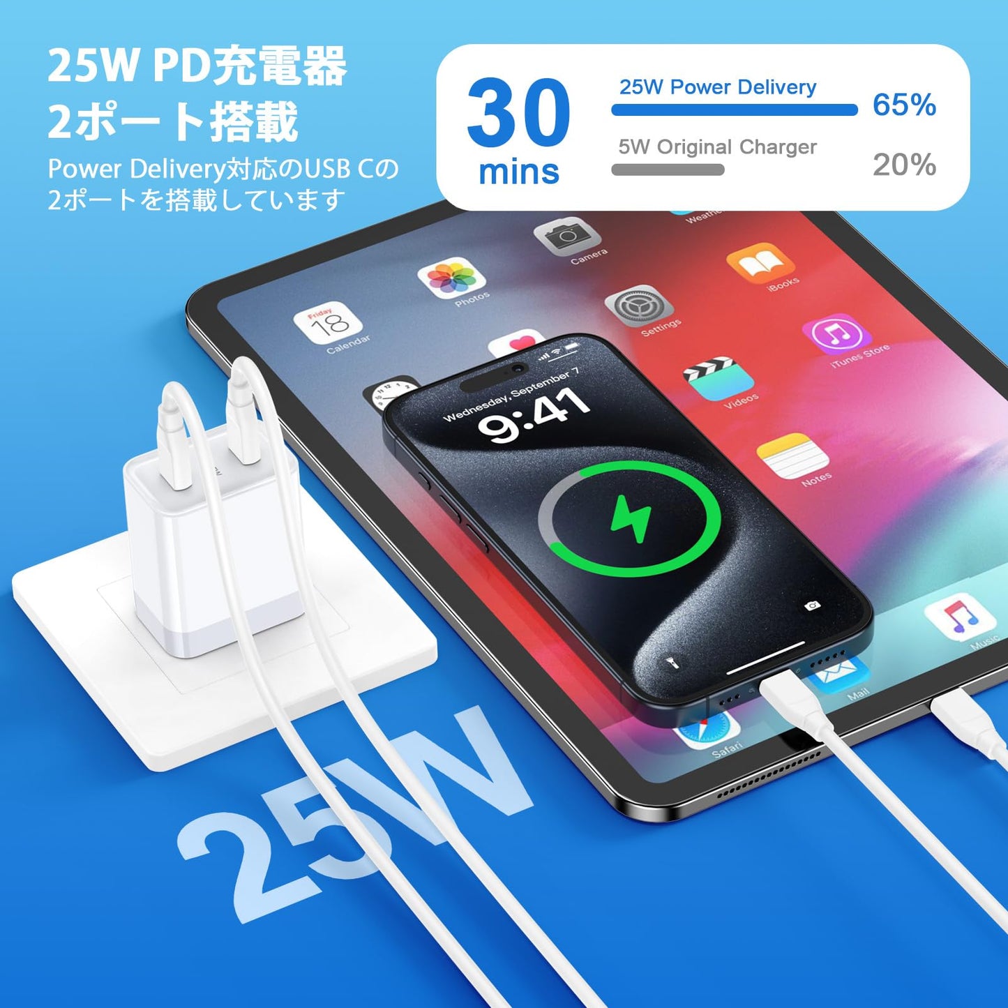 急速充電器 Type-C USB充電器 25W 2ポートType-C*2 iPhone 16充電器 タイプc type c コンセント [PD3.0対応/PPS急速協議対応/PSE認証済み] iPhone16/15/14/13シリーズ/Galaxyシリーズ/iPad/Macbook Air/Surface/その他 PD25Wの規格内で充電可能な機器