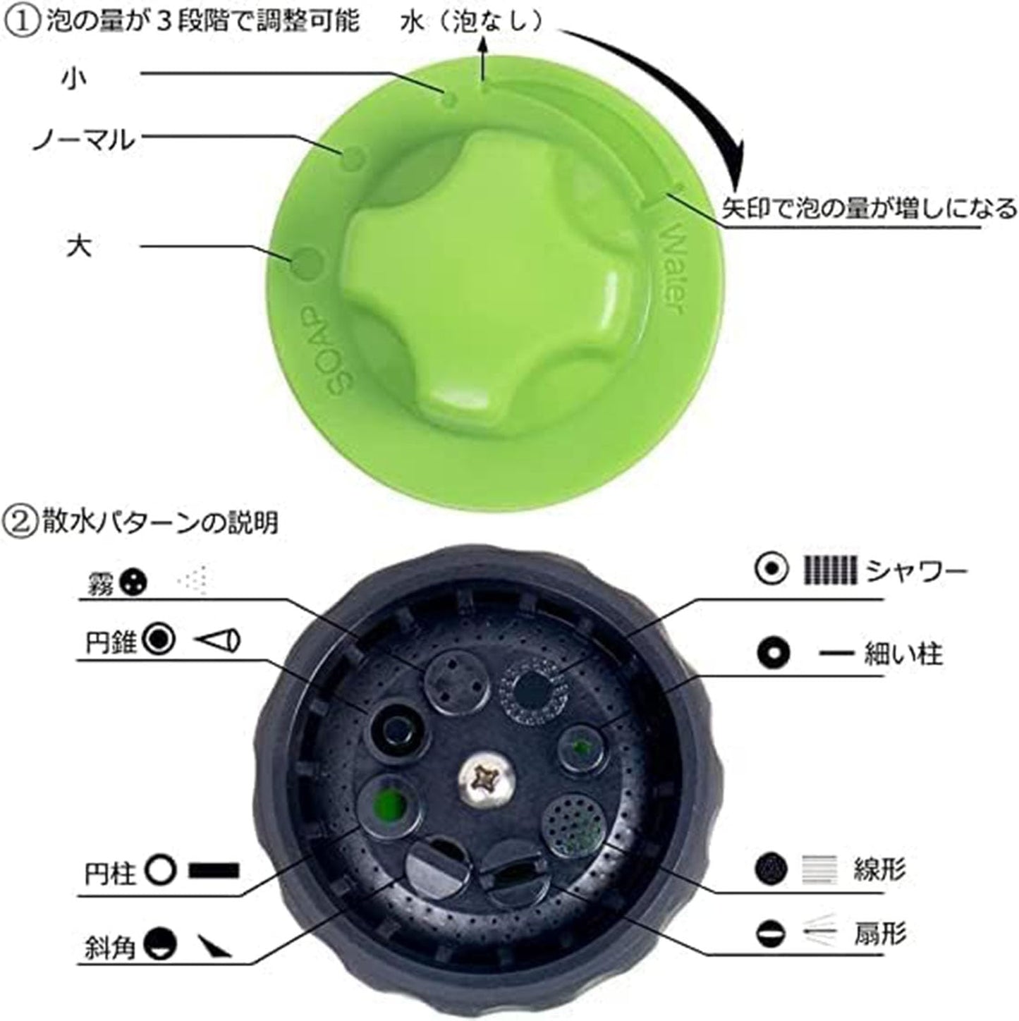 洗車フォームガン 洗車ノズル フォームガ 泡洗浄 高圧クリーニングガン 高圧洗浄ノズル 散水パターン噴射8パターン 散水コンパクトノズル 水と泡切り替え 2in1 水量 洗剤量調整 手元止水スイッチ付き 自動車 水やり 簡単 洗車 オートバイ、自転車 庭 、園芸工具 農業用 スプレー除草剤 、液体肥料の散布大掃除用 洗車用品