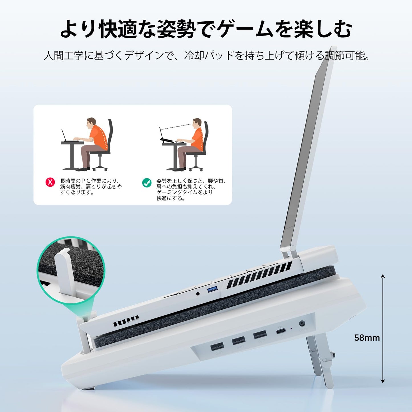 「2024年新時流・特許取得済」llano ノートパソコン 冷却 ノートパソコンクーラー 冷却ファン 冷却台 (ターボブースト技術/空冷式冷却/無段階風量調整/3 in 1 USBハブ/LED ディスプレイ)【90秒急速冷却/14cm大口径遠心ファン/360°全方位送風/高さ調節可】 15-19インチに対応 ノートpc 冷却 デスクワーク/オフィス/在宅勤務などに適用 (ホワイト, ハブ)