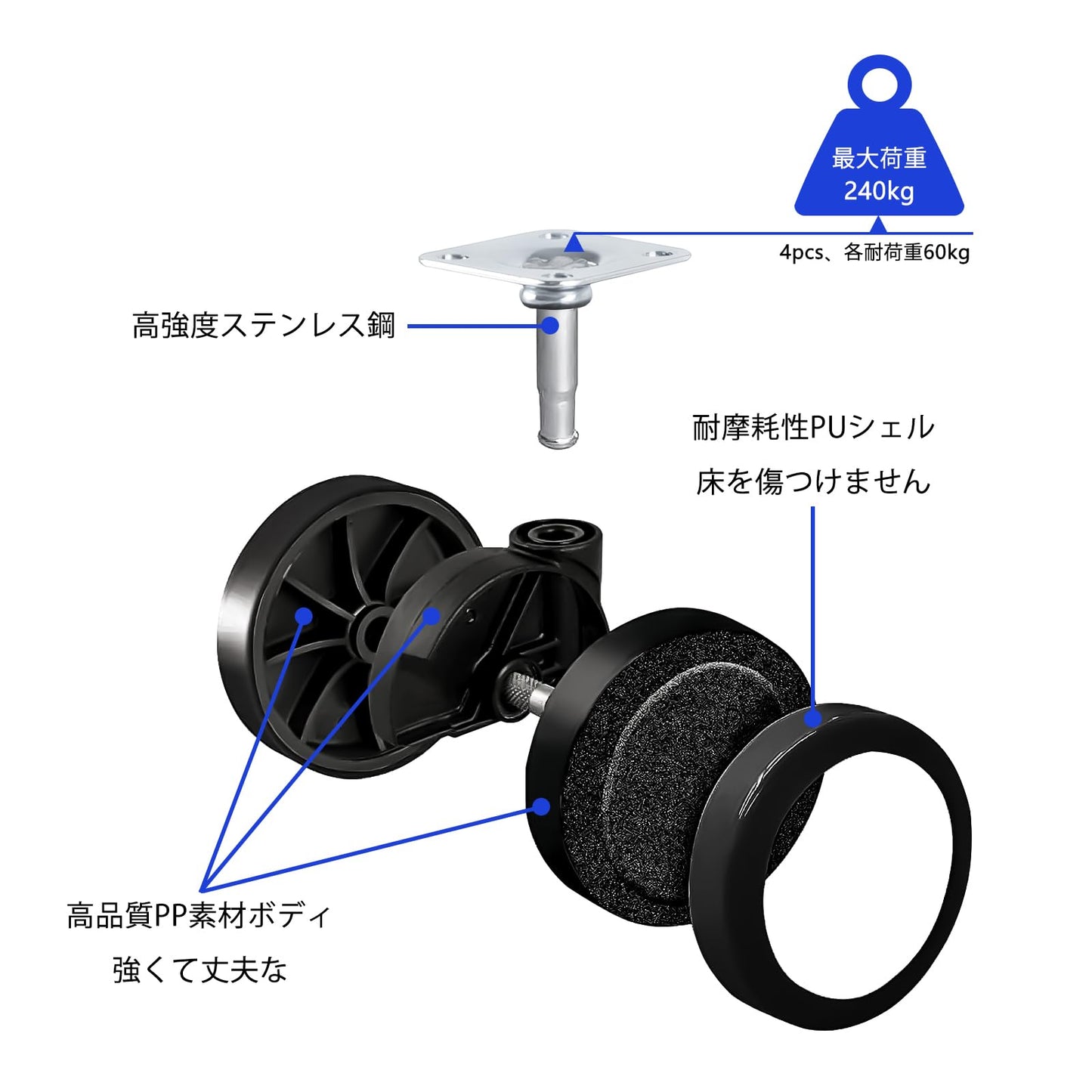 キャスター 車輪 貼るだけキャスター 家具キャスター カラーボックスキャスター ストッパー付き固定可能 穴径5MM （4点セット） DIY家具 台車用 オフィスチェア用 物流輸送機器用 工場作業場用 固定脚の交換と改造 高耐久性 キズ防止に 360度回転 (ブラック) (ネジ固定式)