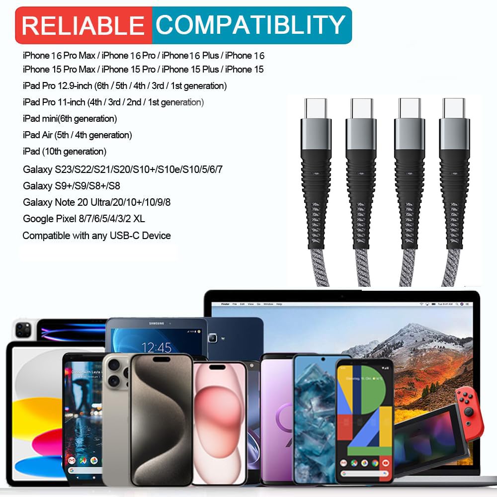 2本セット】 4 in 1高耐久編組ナイロン多機能充電ケーブル、USB急速充電ケーブル、4種類のインターフェースTypeC*4 を持ち、4台の設備の同時充電をサポートしPhone15/Switch/Google Pixel/Nexus5 X6P/Samsung S8+/note8/Xperia,Galaxy/LG (グレー)