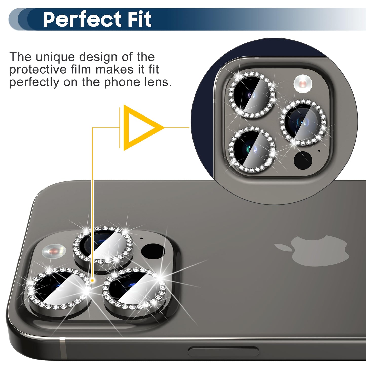 Phone 15 Pro /15 Pro Maxカメラレンズプロテクター、ダイヤモンドをはめ込んだカメラカバー、アイフォン15プロ/プロマックスの背面カメラレンズ保護フィルム-銀色
