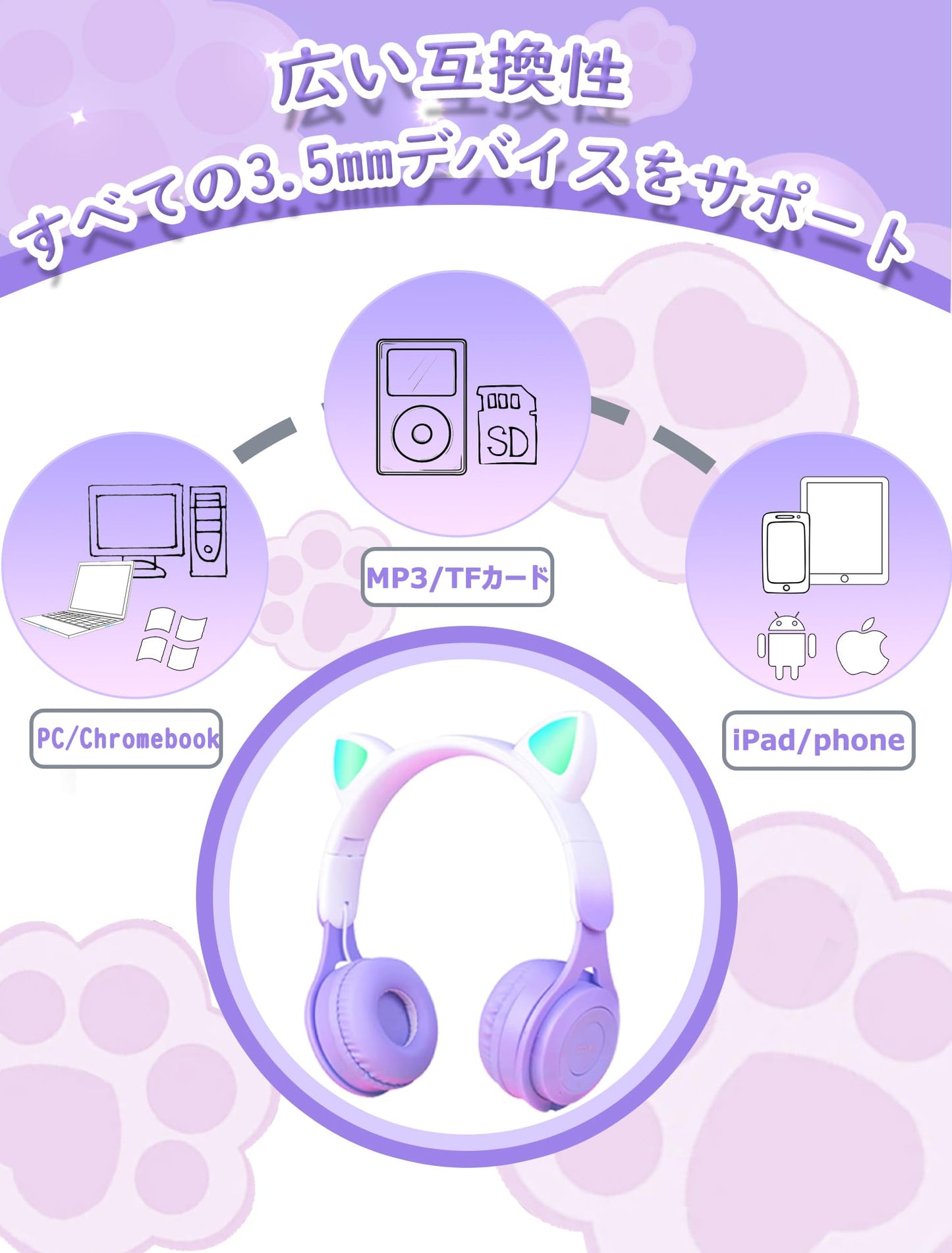 子供用ヘッドホン無線/有線ヘッドホン 85 dB安全音量制限 マイク付き 猫耳LEDライトデザイン Bluetooth5.0/ワイヤ長 1m TFカード挿入可能 サイズ調節可能 学校/タブレット/旅行/ MP3
