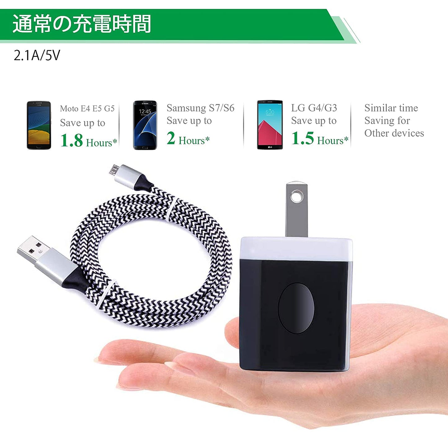 USB充電器 2ポート USB コンセント  USB ケーブル*1.8M USB電源アダプタ ACアダプター 2.1A急速充電器 android 充電ケーブル 高耐久ナイロン編み スマホ 充電器 携帯充電器 Galaxy S7 S6 Edge A6 J8 J5, LG V10 G4 G3 K30 K20 PlなどUSB-A 機器に対応(ブラック)
