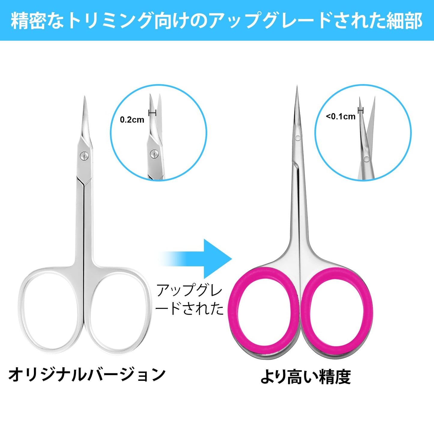 キューティクルハサミ極細カーブ刃、眉毛ハサミ、キューティクルケア用スーパー ハンドルラバーリング 精密先端毛繕い刃、眉毛、まつ毛、甘皮ハサミ- ローズ