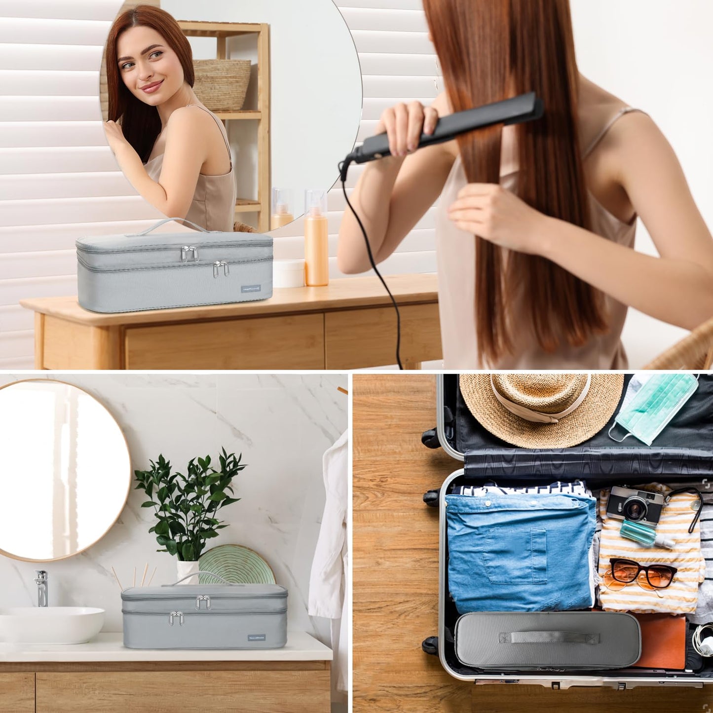 ヘアドライヤー収納ケース ポータブル二重層トラベルオーガナイザー 防水 ヘアアイロン収納バッグ ヘアツール ヘア器具 ヘアスタイリングツール ヘアドライヤーアクセサリーオーガナイザー グレー(バッグのみ)