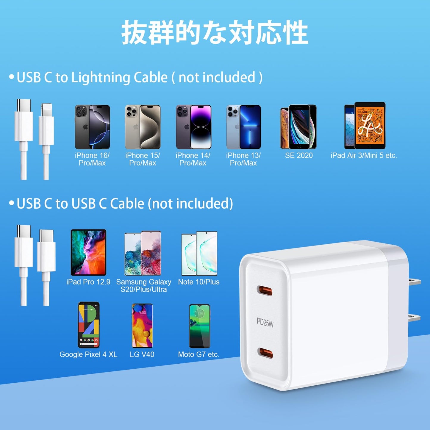急速充電器 Type-C USB充電器 25W 2ポートType-C*2 iPhone 16充電器 タイプc type c コンセント [PD3.0対応/PPS急速協議対応/PSE認証済み] iPhone16/15/14/13シリーズ/Galaxyシリーズ/iPad/Macbook Air/Surface/その他 PD25Wの規格内で充電可能な機器