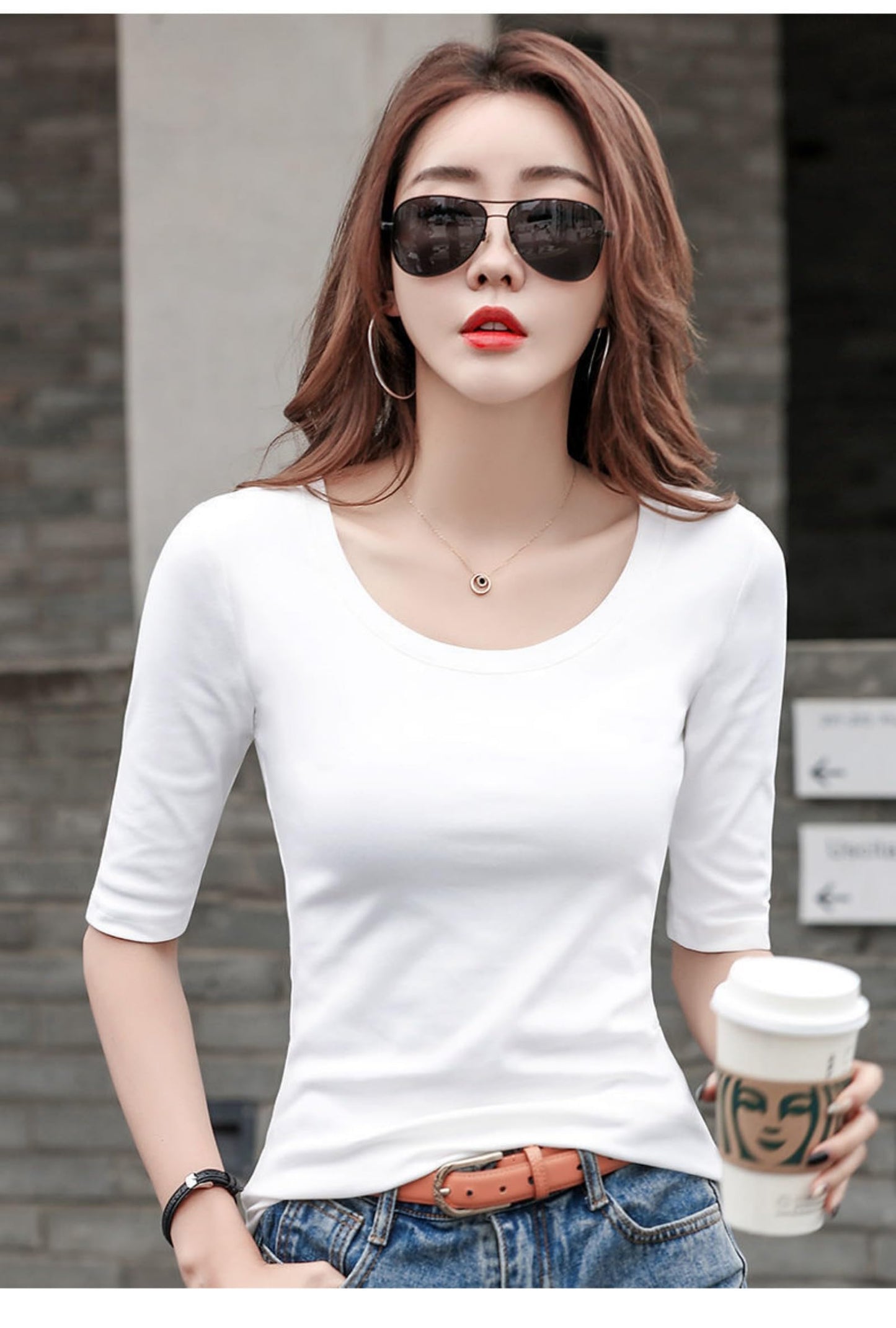 5分袖Tシャツ Tシャツ カットソー Uネック 春秋 夏 ストレッチ レディース トップス 綿 コットン 5分袖 タイト tシャツ 無地 スリム インナー シンプル カジュアル