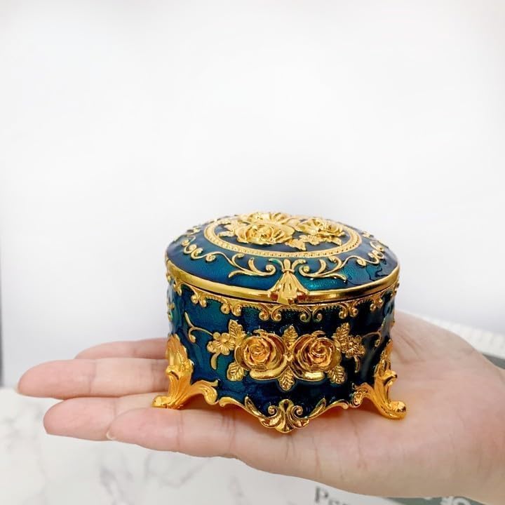 ジュエリーボックス 宝石箱 ジュエリー収納 ジュエリーケース アクセサリー収納 合金製 ジュエリー入れ 花柄 華麗 ブルー