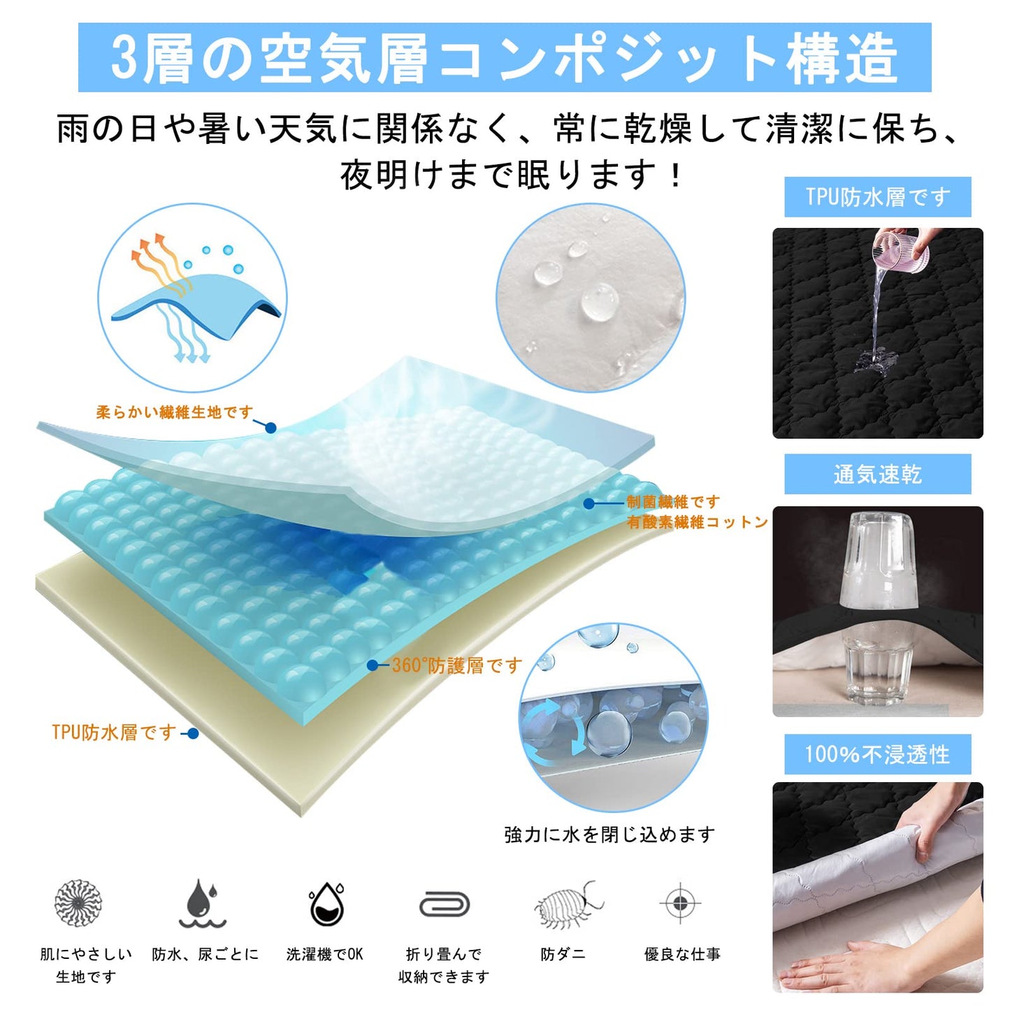 Mafudoxi 防水 敷きパッド ダブル 防水パッド ベッドパッド 敷パッド マットレスパッド ベッドシーツ ベッドマット 敷きカバー マットレスカバー マットレス 抗菌・防臭・防ダニ 通気性 毛玉なし 洗える ホコリ出ない 四隅強化ゴムバンド付き オールシーズンで使える (ダブル・140×200cm・ブラック)