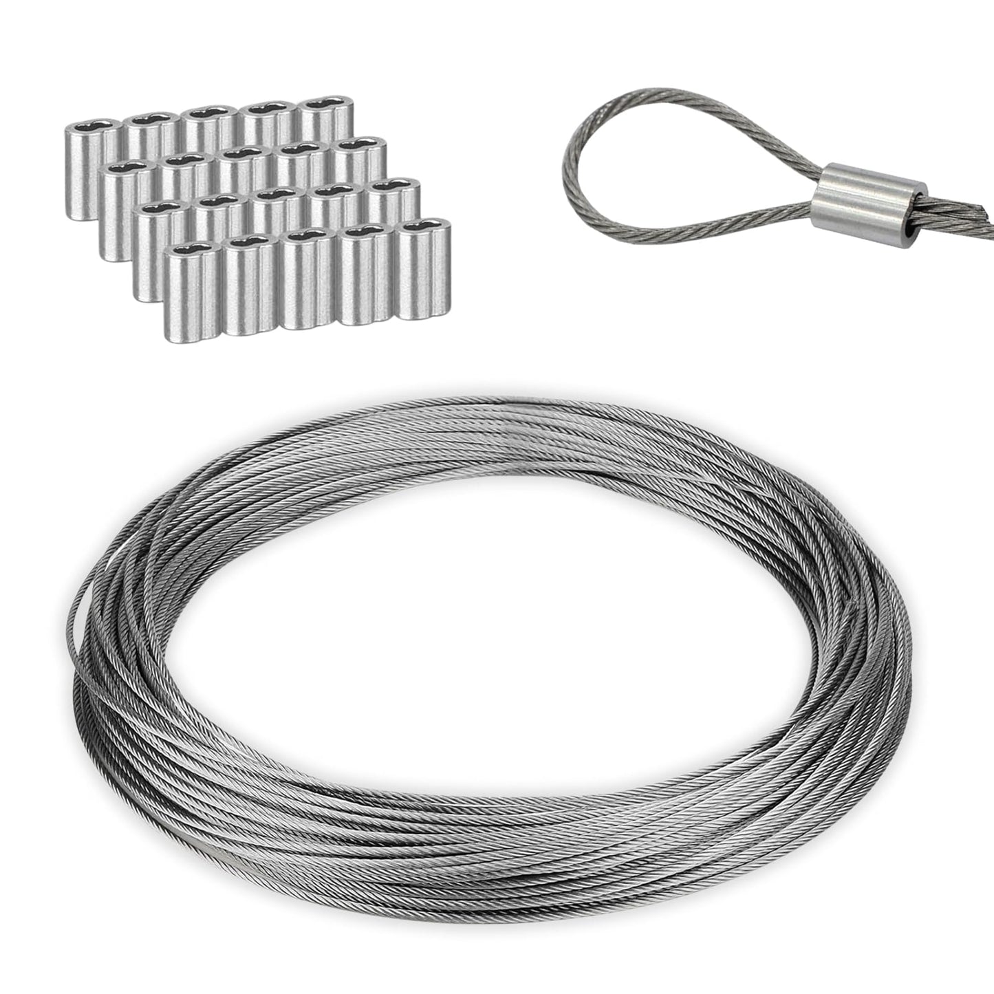 ワイヤーロープ ワイヤー ステンレス 長さ10M 直径2.5mm 7×7構造 8文字型アルミスリーブ付き 20個 ステンレスロープ ステンレスワイヤー 物干しロープ 耐食性 防錆 フェンス DIY 多用途 落下防止 テント 林業 PureSino (シルバー_2.5mm)