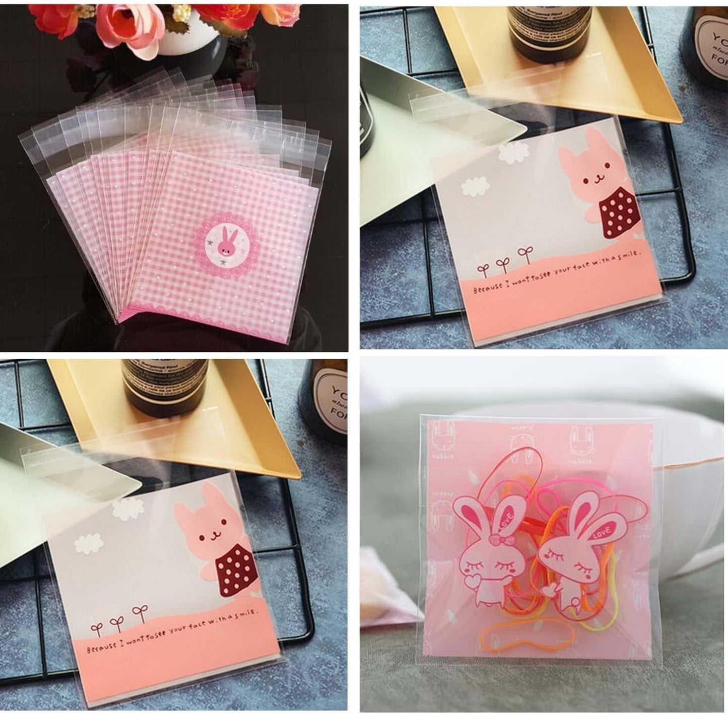 自粘着バッグ 200pcs 小分け袋 10*11+3cm 厚手半透明袋 ギフトバッグ DIY 手作り袋 ジュエリー袋 可愛いお洒落ポーチ ラッピングポーチ アクセサリー収納 小物入れプラスチックバッグ (4カラ-200pcs)