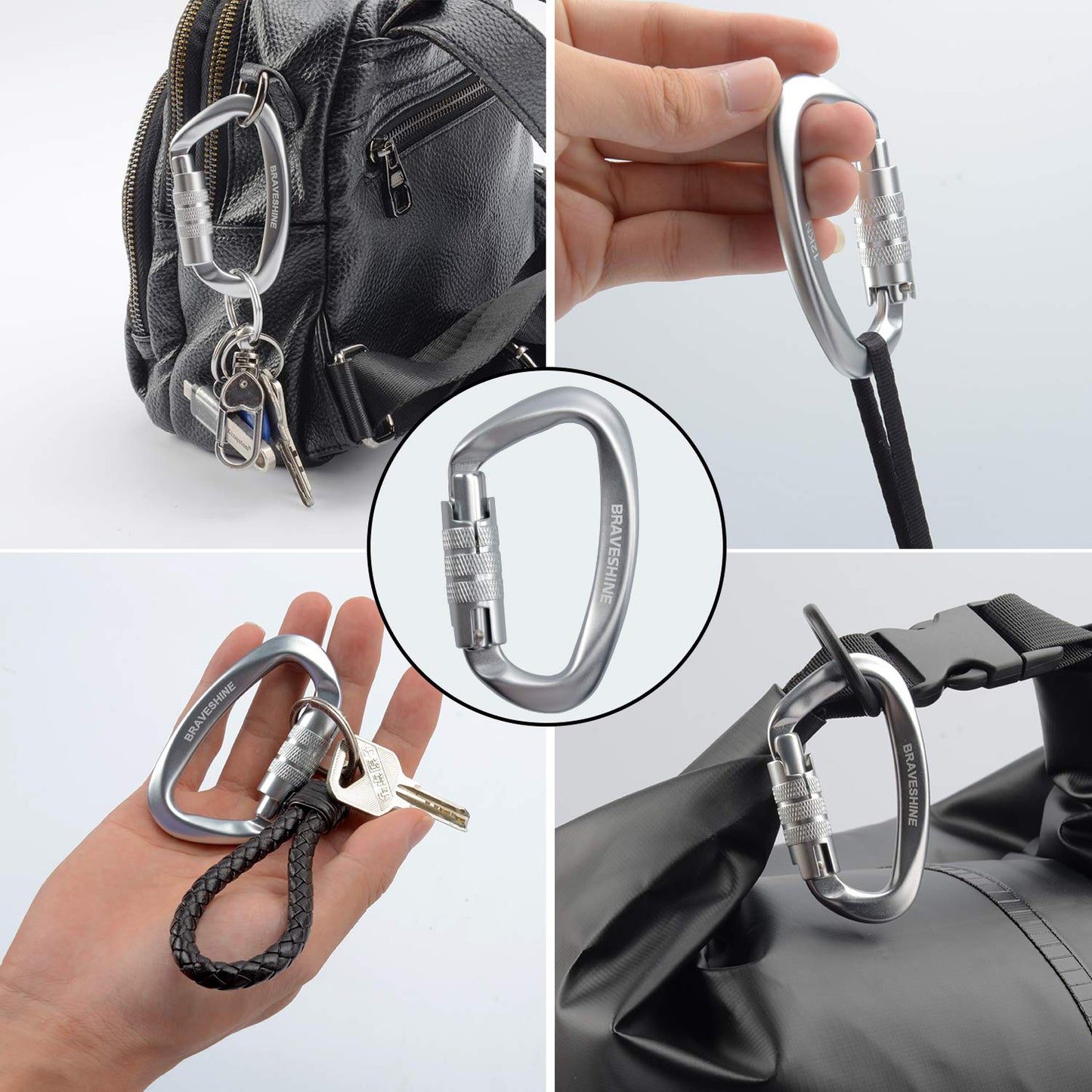 カラビナ 12KN オートロック式 BRAVESHINE 耐荷重1200kg ロックカラビナ Dリング 軽量 ハンモック タープ キャンプ用 荷物のフック 犬のリード用 多機能 2個セット