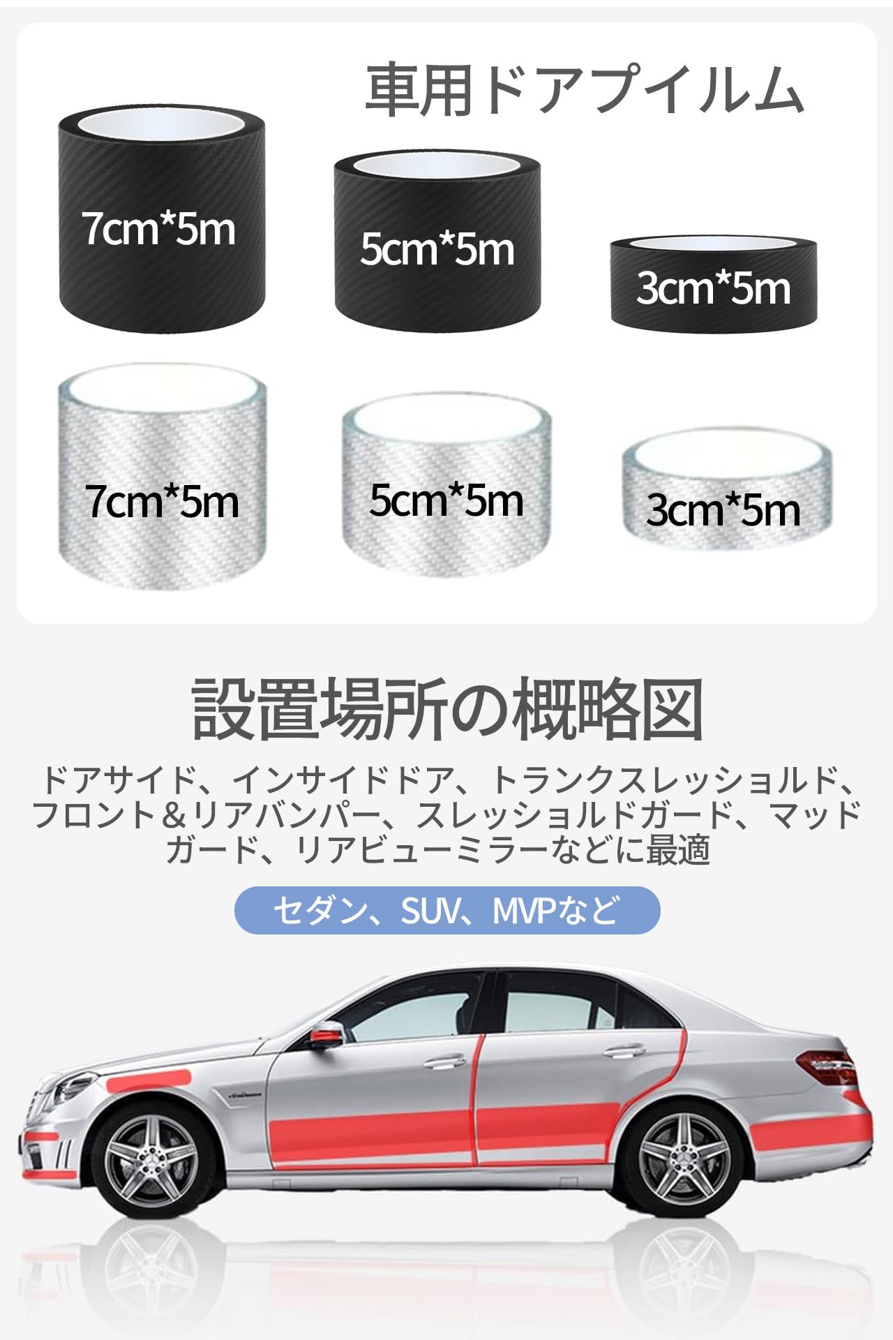 プロテクターフィルム 車用ドアフィルム カーボンファイバー製ドアストリップ 踏み抜き防止ステッカー 傷・汚れ防止 シーリング 高温耐性 (透明 (幅3cm*長5m))
