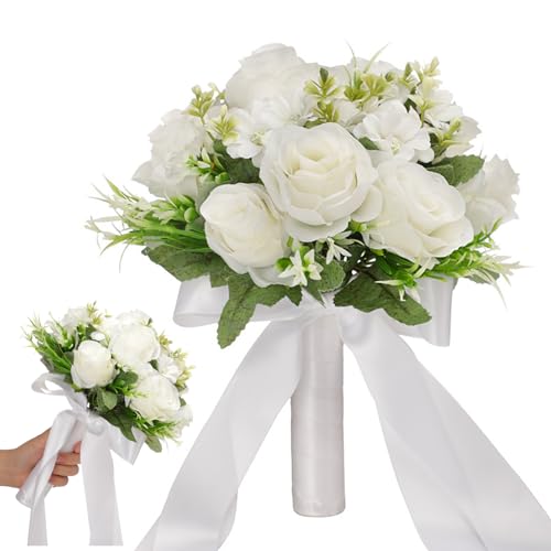 ブライダルブーケ ウエディングブーケ 造花 花束 結婚式 花嫁ブーケ 造花 欧米風 バラ 花束 ブライダルブーケ ラウンドブーケ 結婚式 パーティー 撮影（ホワイト）