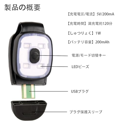 ランニングライト LEDクリップライト USB 充電式 3種類の照明モード 夜間照明 発光 軽量 ランニングウォーキングライト ジョギング キャンプ 犬の散歩に