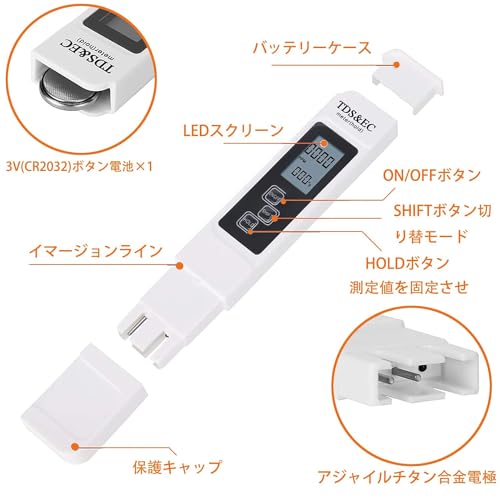 水質測定器 TDS EC メーター 測定範囲 0-9990us/cm 0-9999ppm 水温 自動温度補正 3-in-1 TDS＆EC＆ 水質テスター