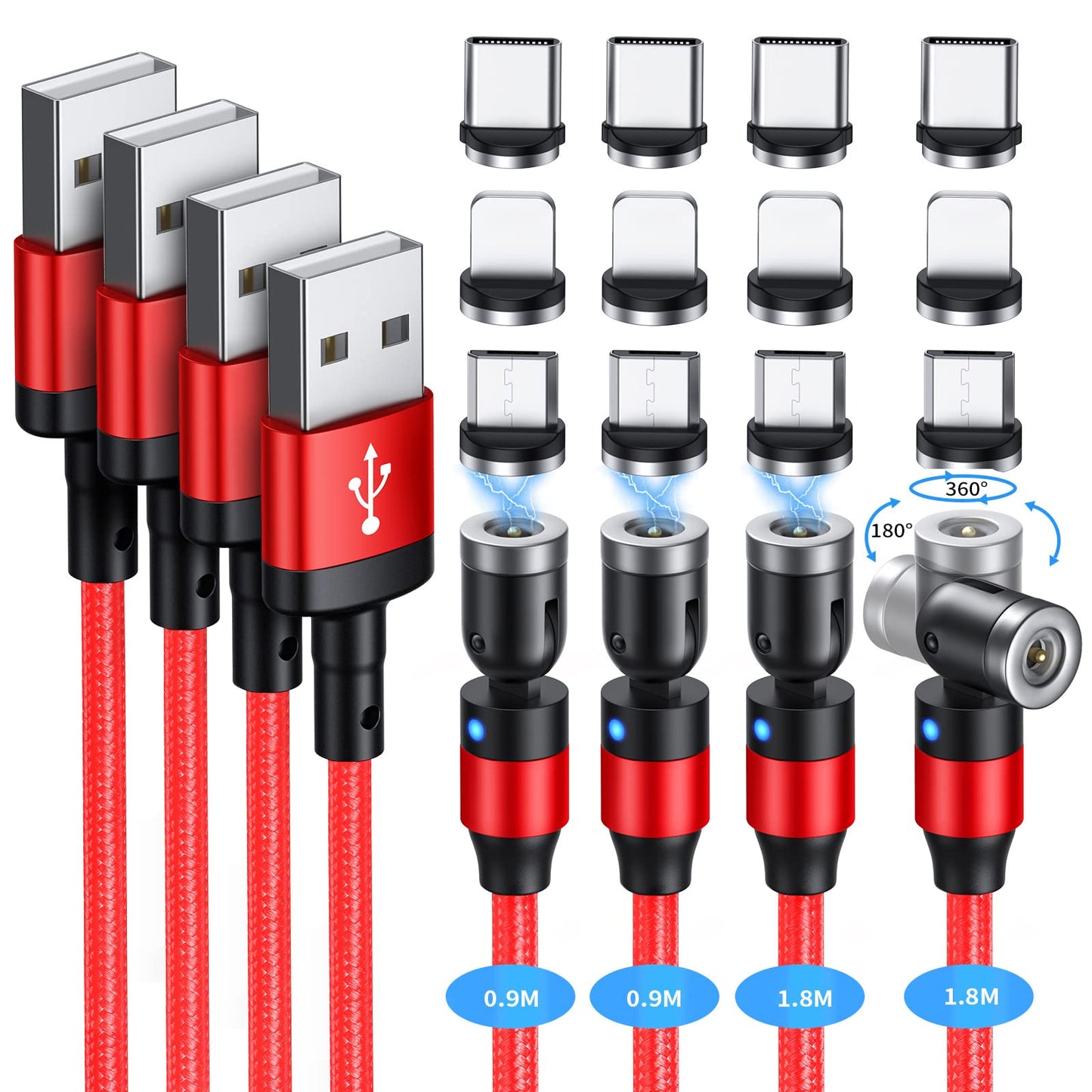 マグネット 充電ケーブル SUNTAIHO 3in1 USBケーブル 5本セット【0.9+0.9+1.8+1.8+2.7M /12個端子】360度+180度回転 磁石 磁気 防塵 着脱式 ライト マイクロUSB Type-C コネクタ タイプc Micro USB Cable - TZD