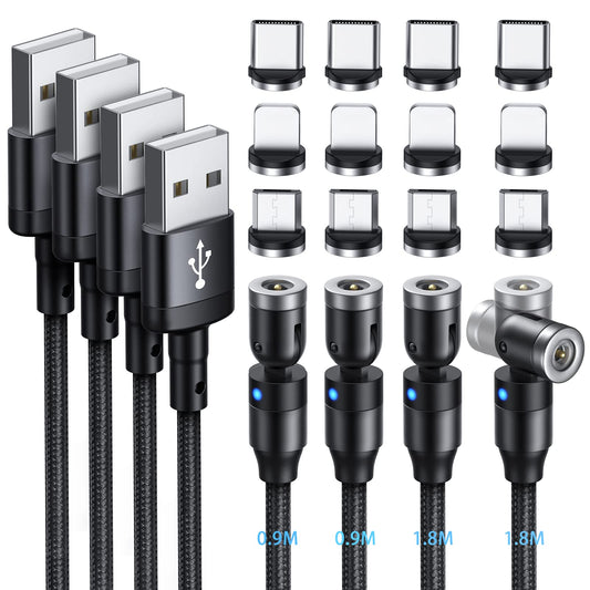 マグネット 充電ケーブル SUNTAIHO 3in1 USBケーブル 5本セット【0.9+0.9+1.8+1.8+2.7M /12個端子】360度+180度回転 磁石 磁気 防塵 着脱式 ライト マイクロUSB Type-C コネクタ タイプc Micro USB Cable - TZD