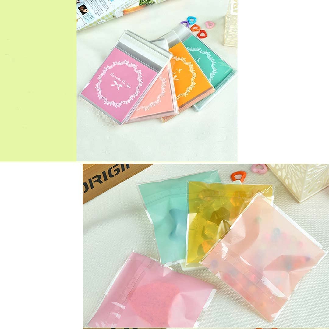 自粘着バッグ 200pcs 小分け袋 10*11+3cm 厚手半透明袋 ギフトバッグ DIY 手作り袋 ジュエリー袋 可愛いお洒落ポーチ ラッピングポーチ アクセサリー収納 小物入れプラスチックバッグ (4カラ-200pcs)