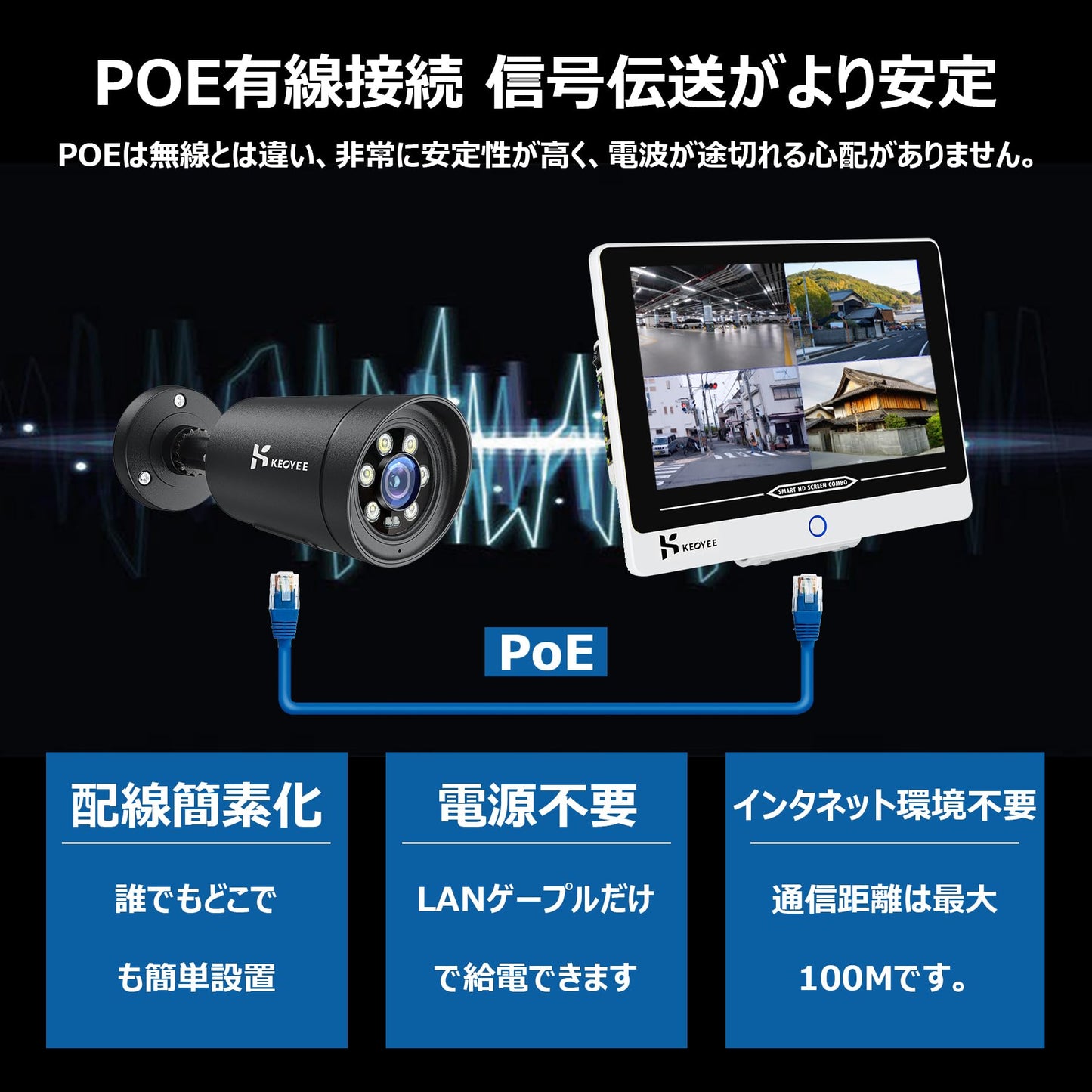 KEOYEE 防犯カメラ 2台セット POE有線接続 10インチ モニター付き カラー暗視 POE給電カメラ 8ch H.265 8台まで増設可能 音声録画 AI検知機能 IP67防水防塵 遠隔監視暗視フルカラー 監視カメラ 屋内/屋外 プラグアンドプレイ 操作簡単
