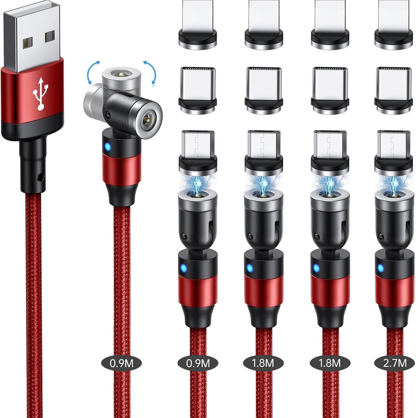 マグネット 充電ケーブル SUNTAIHO 3in1 USBケーブル 5本セット【0.9+0.9+1.8+1.8+2.7M /12個端子】360度+180度回転 磁石 磁気 防塵 着脱式 ライト マイクロUSB Type-C コネクタ タイプc Micro USB Cable - TZD