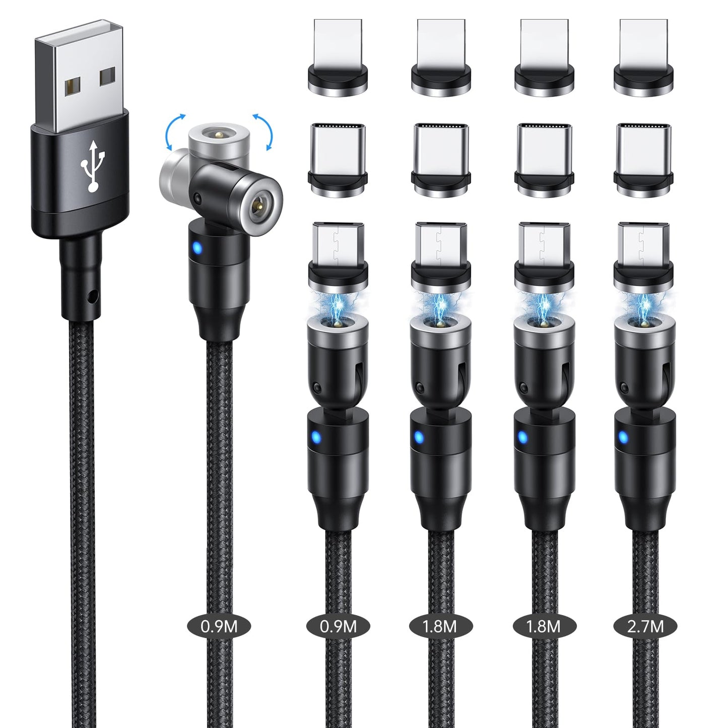 マグネット 充電ケーブル SUNTAIHO 3in1 USBケーブル 5本セット【0.9+0.9+1.8+1.8+2.7M /12個端子】360度+180度回転 磁石 磁気 防塵 着脱式 ライト マイクロUSB Type-C コネクタ タイプc Micro USB Cable - TZD