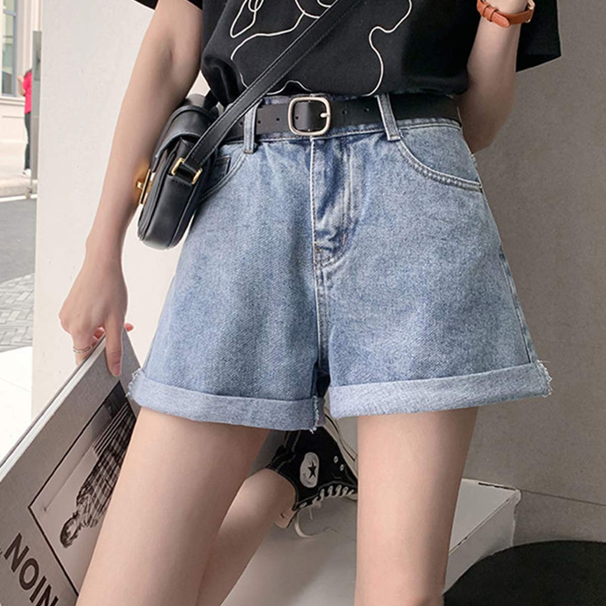 デニム ショート パンツ 薄手 ストレッチ 短パン ス ショーパン 美脚 脚長 ハイカット取り外し可能ベルト縫製カフワイド脚デニムジャンショーツ