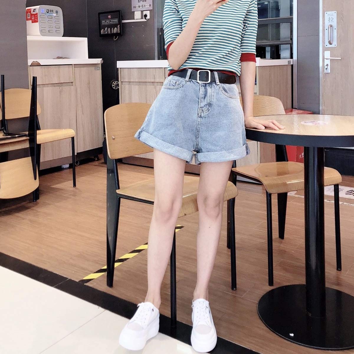 デニム ショート パンツ 薄手 ストレッチ 短パン ス ショーパン 美脚 脚長 ハイカット取り外し可能ベルト縫製カフワイド脚デニムジャンショーツ