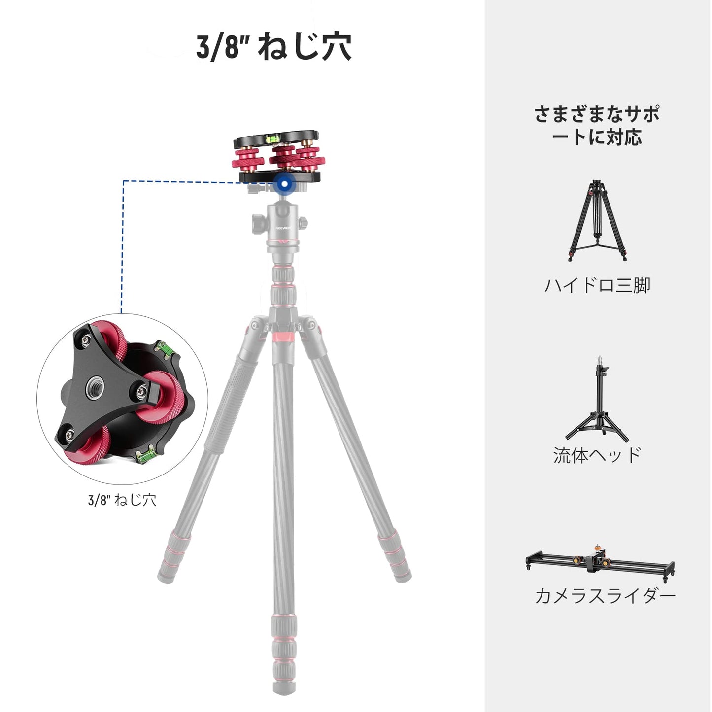 NEEWER 三脚ヘッド レベリングベースカメラレベラー 三脚精密レベラー 航空機グレードアルミニウム合金製 3軸トライホイールヘッド 3/8"スレッド +/-5°の正確な角度調整 マクロパノラマ写真用 LP68