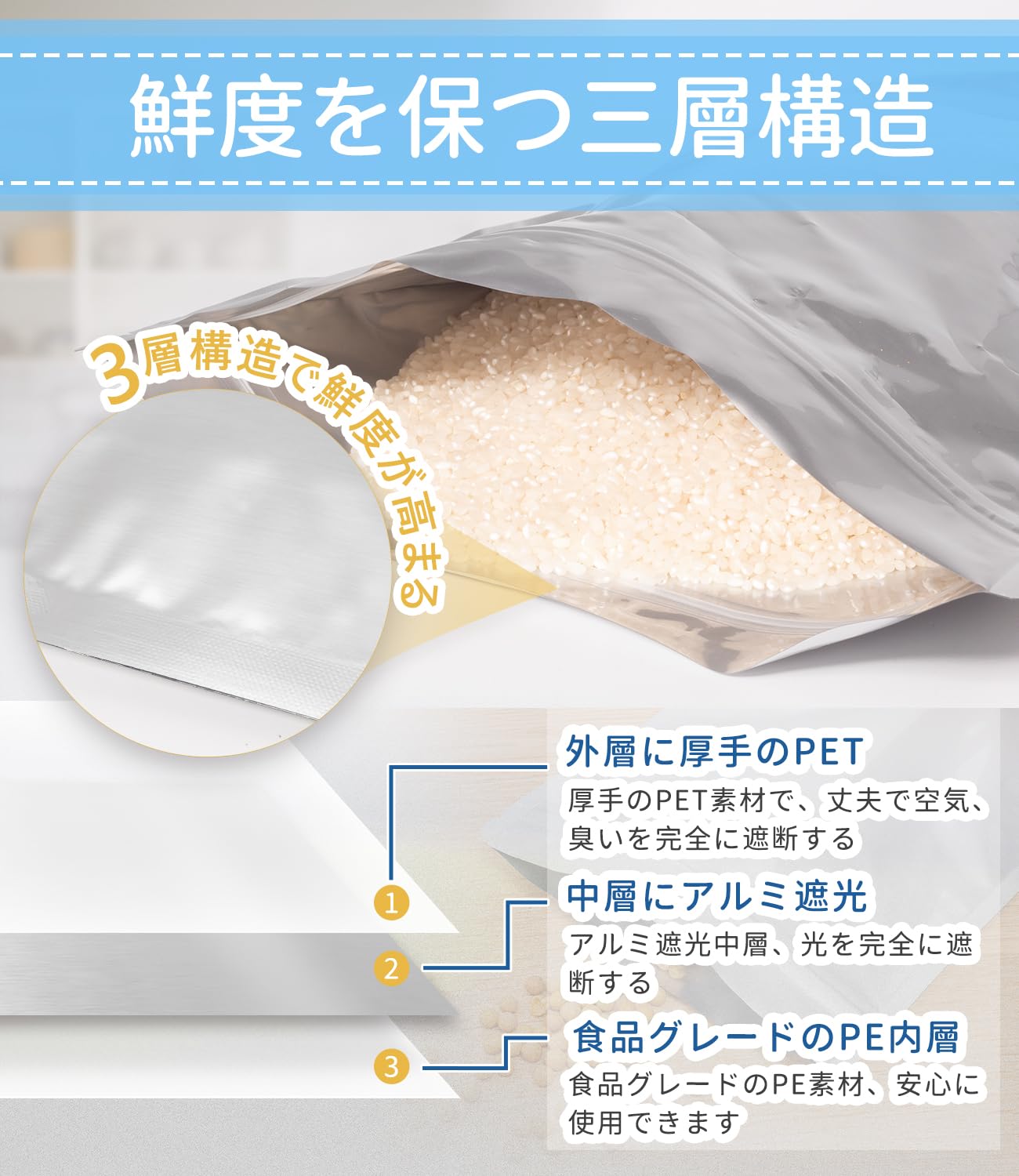 米袋 3kg 5枚入 米保存袋 お米保存袋 密閉 米びつ 冷蔵庫保存 真空保存容器 お米 保存容器 米 長期保存 袋 コメ保存袋 チャック付き アルミ袋 遮光袋 自立型 コーヒー 保存容器 シリアル ナッツ ペットフード 空気 光や臭いを完全に遮断 鮮度 長期保存(横26cm×縦35cm)