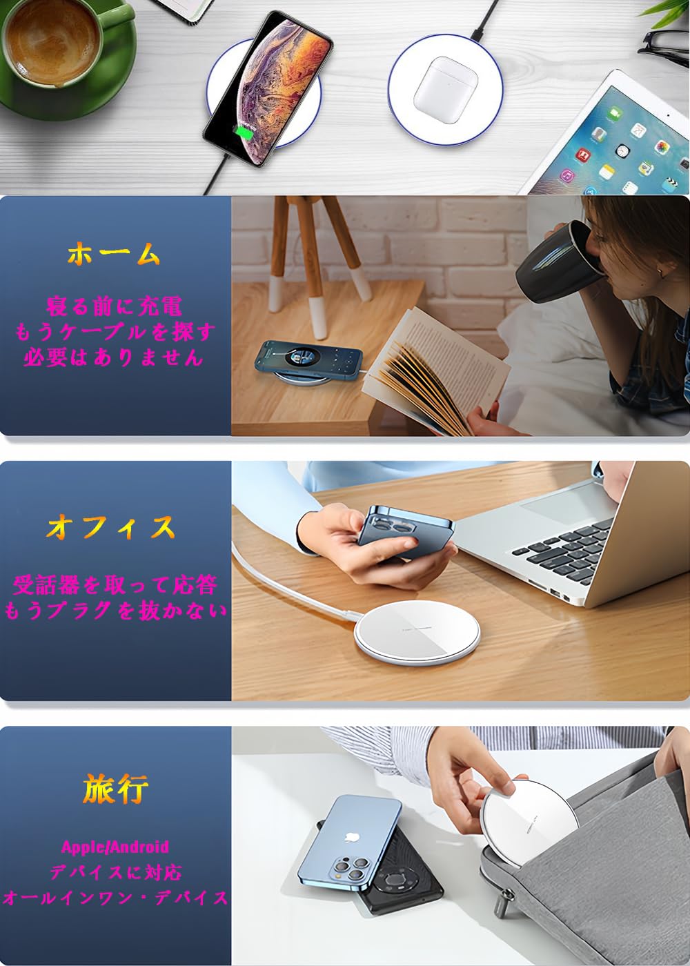 ワイヤレス充電器 Qi認証 無線充電器 最大15W出力 USB Type-Cポート ワイヤレス 充電 置く だけ 充電 i-Phone 16/15/14/13/12 シリーズ/Xs/AirPods2/AirPods Pro 他のQi対応の機種（ホワイト）