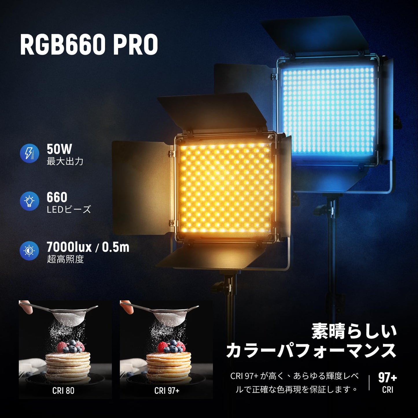 Neewer 2パック660PRO RGB LEDビデオライト アプリコントロールスタンドキット付き ビデオ照明 360°フルカラー、50W調光可能 バイカラー 3200K～5600K CRI97+ ゲーム/ストリーミング/ズーム/YouTube/Webex/写真用