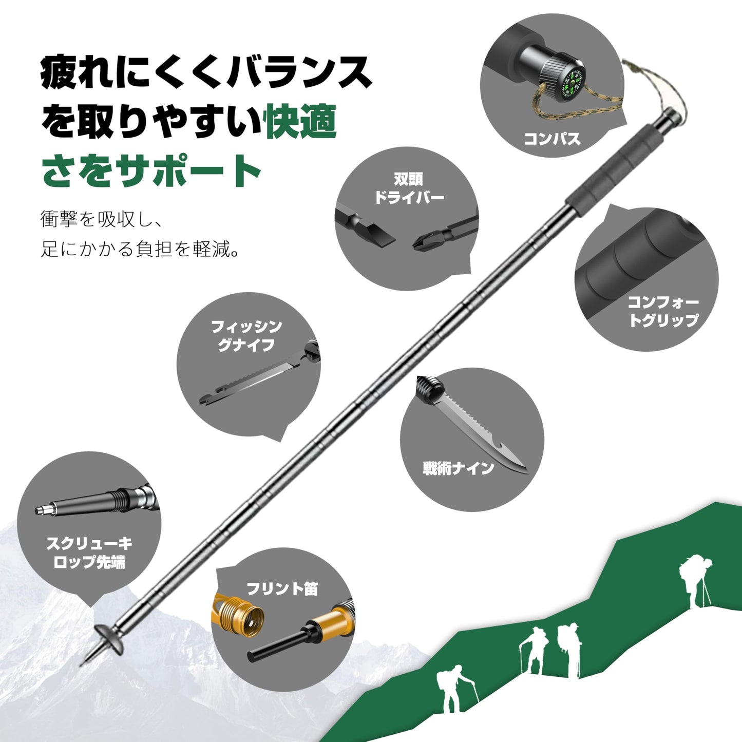 トレッキングポール 多機能トレッキングポール 組み立て式 ンパクト収納 サバイバル 山登り ストック コンパクト式 ナイフ ライバー び子 打ち石 ンパス多機能 登山 ハイキング 山行 野外冒険 自救 防衛 納バッグ