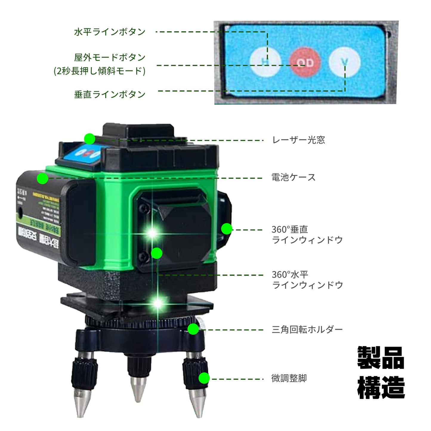 墨出し器 レーザー墨出し器 フルライン 3×360° 12ライン グリーン 三脚付き 43.5-120ｃｍ調整可能三脚 照射モデル レーザーレベル レーザー 水平器 墨出器 墨出し 墨だし器 墨出し機 墨出機 墨だし機 すみだしレーザー 墨出し レーザー レーザー水平器 レーザー測定器 防滴 防水 建築 防塵 測量 測定